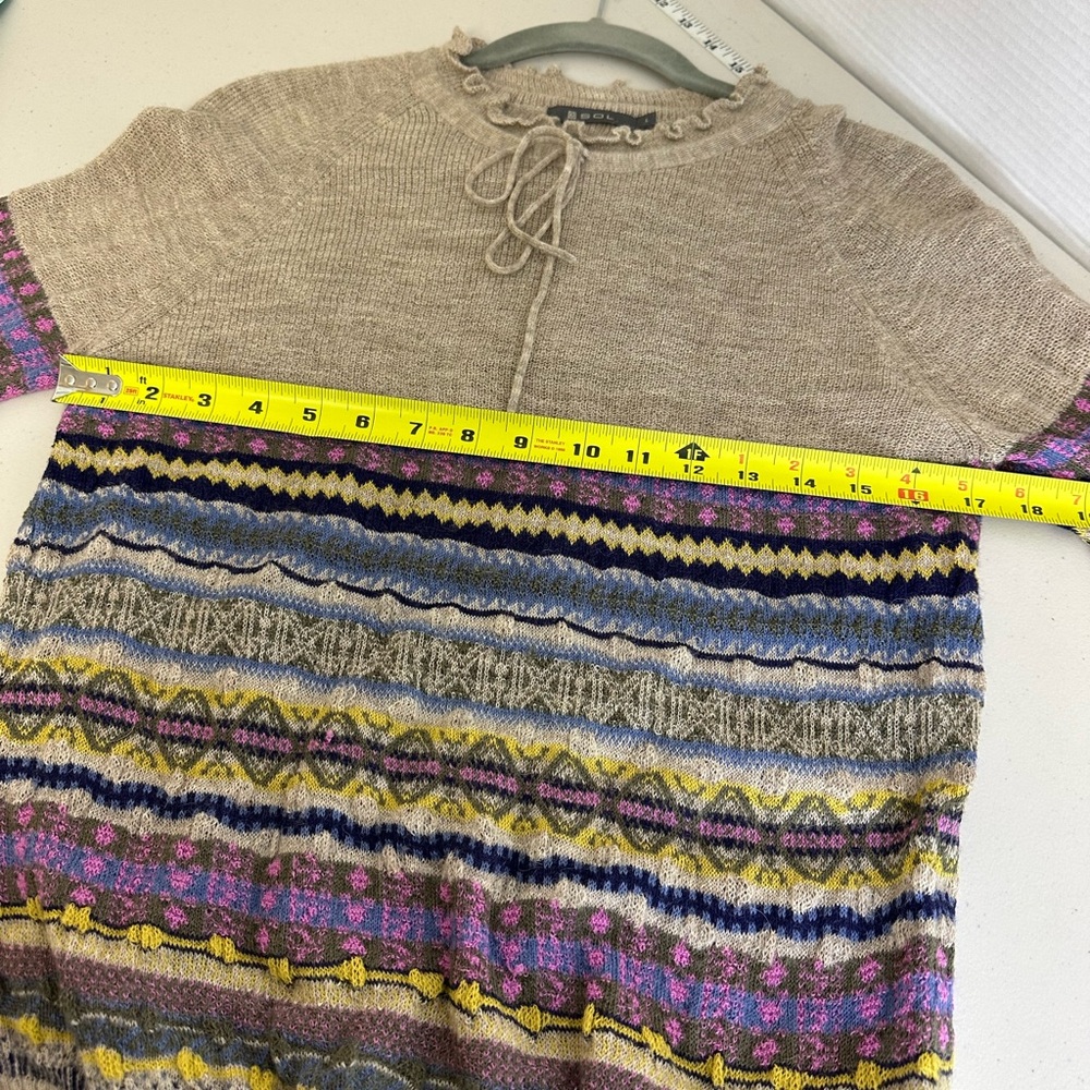 SOL hand knit Peru sweater large 100% baby alpaca tan purple long sleeve soft - Picture 7 of 7